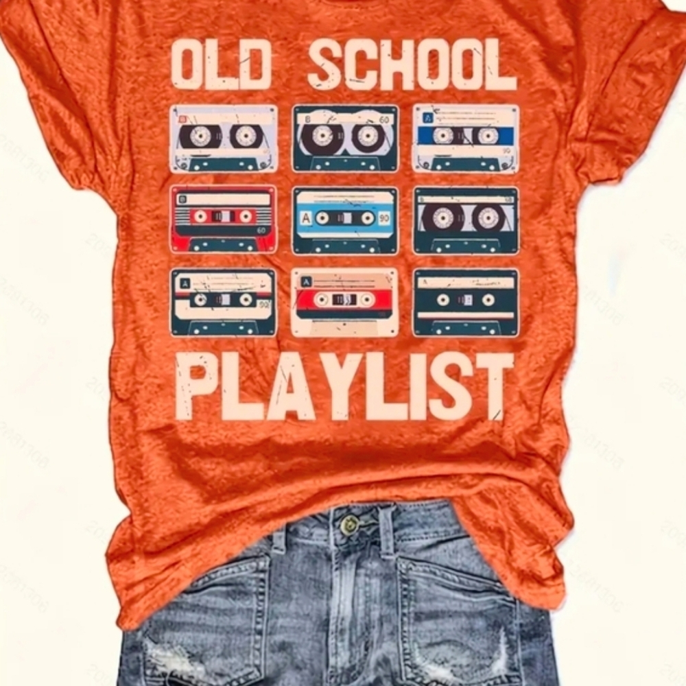 NEW XL Orange T-Shirt Old School Playlist Cassette Tapes